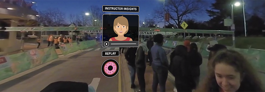 A button to hear instructor insights displays over a shot of the starting line at dawn.