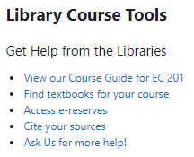 Library Course Tools box in Moodle 4