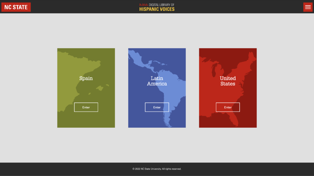Main menu for the NC State Digital Library of Hispanic Voices app showing three maps