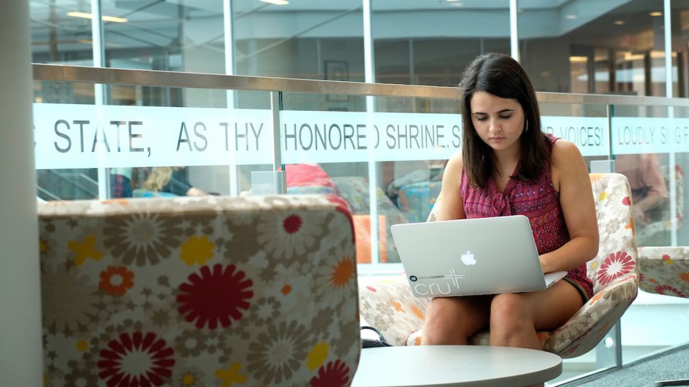 A student uses her laptop at the Talley Student Union. Photo by Marc Hall