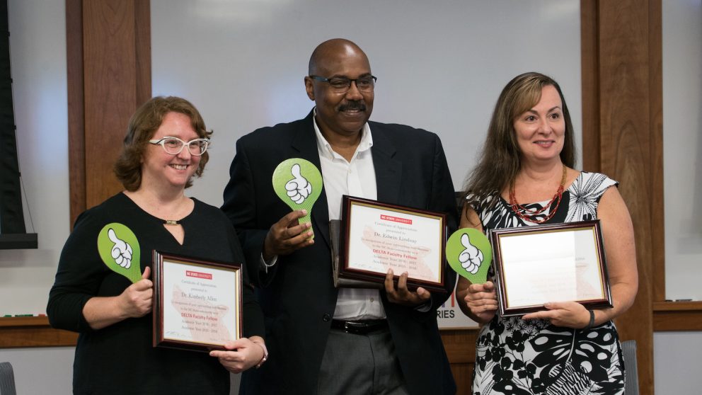Photo of Kim Allen, Edwin Lindsay and Maria Gallardo-Williams with their certificates of appreciation.
