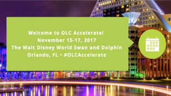 Screenshot of OLC page. Welcome to OLC Accelerate! November 15-17, 2017. The Walt Disney World Swan and Dolphin. Orlando, FL. #OLCAccelerate