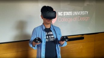 NC State graduate student in architecture Hao Lin experiences a landscape design in virtual reality using HTC Vive.