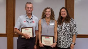 Michael Kanters and Amanda Edwards with recognition awards for service as 2016-2018 DELTA Faculty Fellows with 2017-2019 Faculty Fellow Angie Smith