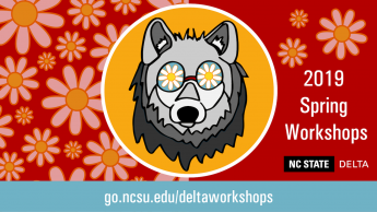 Graphic of DELTA 2019 Spring Workshops. Wolf graphic with flowers. go.ncsu.edu/deltaworkshops