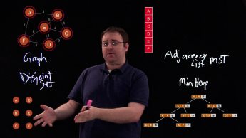 Screenshot from a Lightboard lecture video in Teaching Assistant Professor Jason King's CSC 316 course. Animations were integrated to help students better understand abstract concepts. King is seen pointing to a data structure.