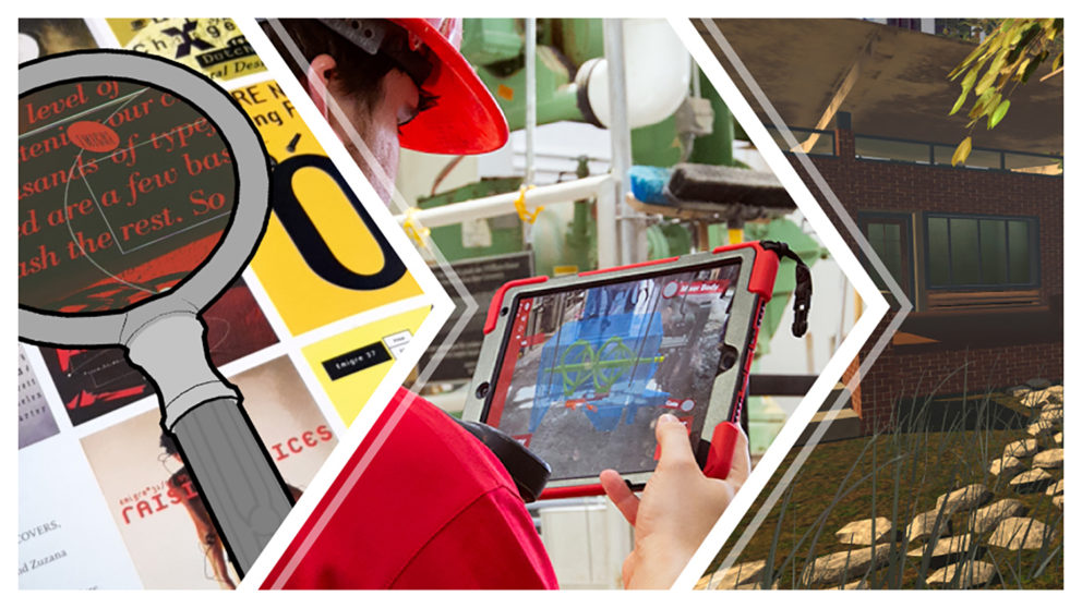 The image is separated into three parts with a chevron pattern. Each part displays a different DELTA project that uses extended reality (XR). From left to right, there is an interactive textbook using augmented reality, a man holding an ipad to display a feed mill's processes in augmented reality, and a virtual reality example of landscape architecture.