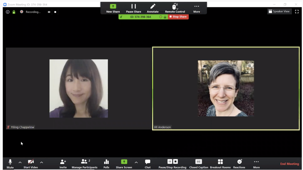 Screenshot of Yiling and Jill from the Zoom desktop client.