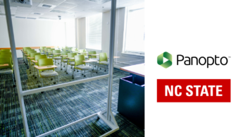 Empty classroom next to panopto and nc state logos.