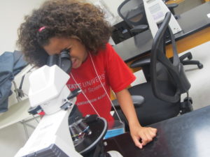 Elementary-age student looks into a stationary microscope.