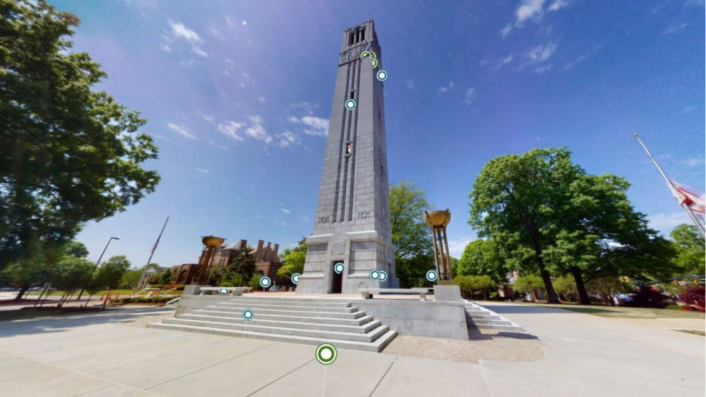 The NC State Memorial Belltower with digital annotations.