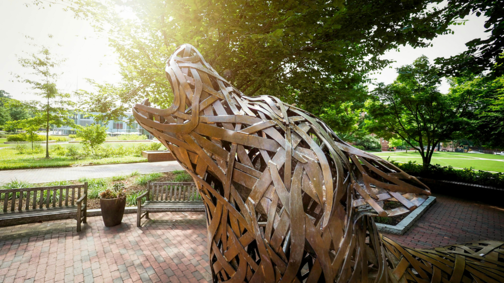 Copper wolf on NC State campus.