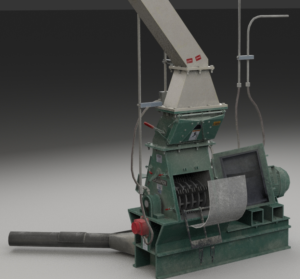 3D model of the hammer mill showing the open grinding chamber and screen. The model allows for students to see the hammers in motion, something impossible on the real machine for safety reasons.