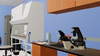 3D rendering of a tissue culture room showing a biosafety cabinet, cell counter, microscope, among other standard lab equipment.