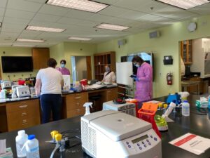 Team members experimenting in the in-person BIT 410/510 lab.