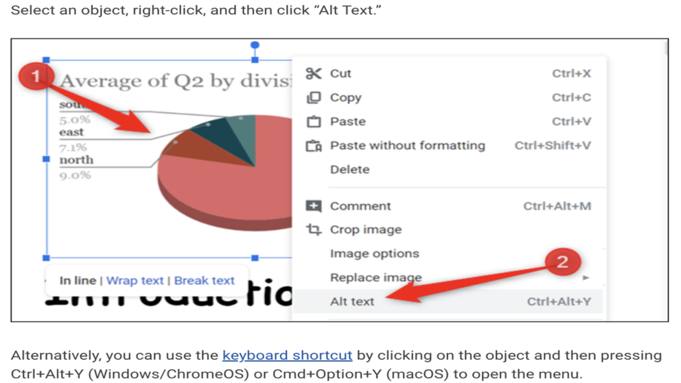 Screenshot of how to add Alt text to an image when using Google Docs.