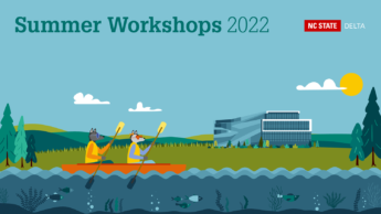 Decorative Summer Workshops 2022 with two wolves in a canoe paddling past Hunt Library.