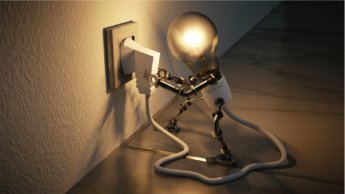 Decorative image of an animated lightbulb plugging itself into an electrical outlet.