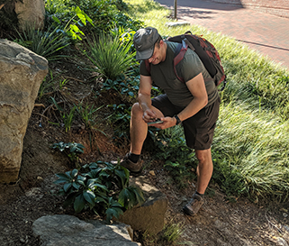 A man leans over looking at his phone next to a large rock.