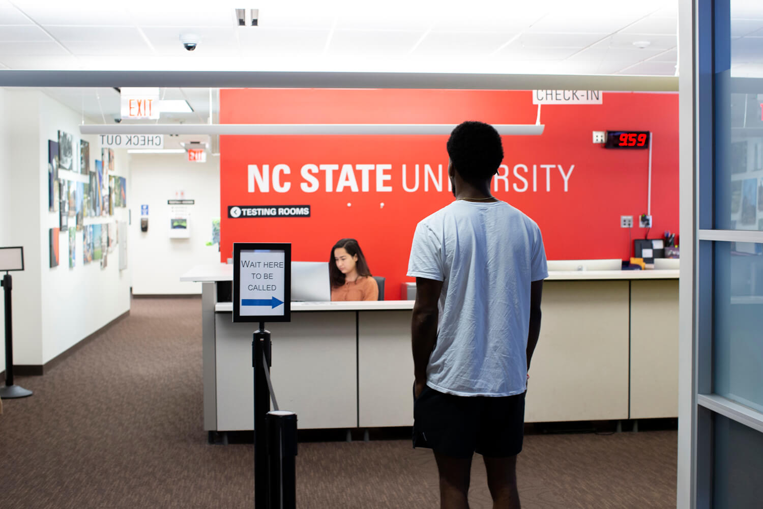 Student waiting in line at DELTA's Testing facility at NC State University